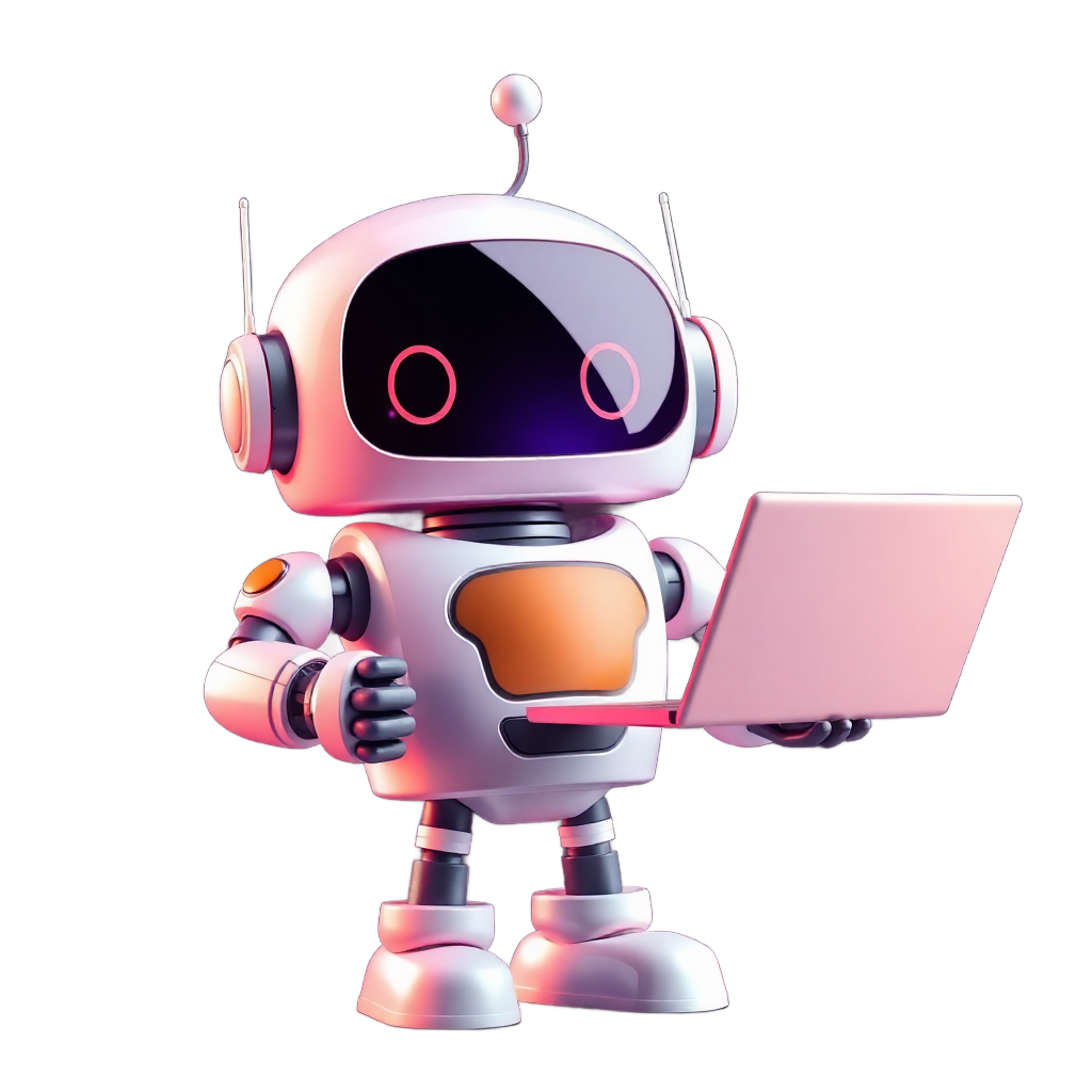 3D illustration of a cute robot holding a laptop
